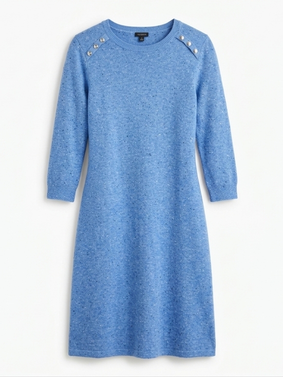 Talbots Dresses & Skirts - NWT Talbots Blue Speckled Sweater Dress Knit Button Shoulder 3/4 Sleeve Sz Small